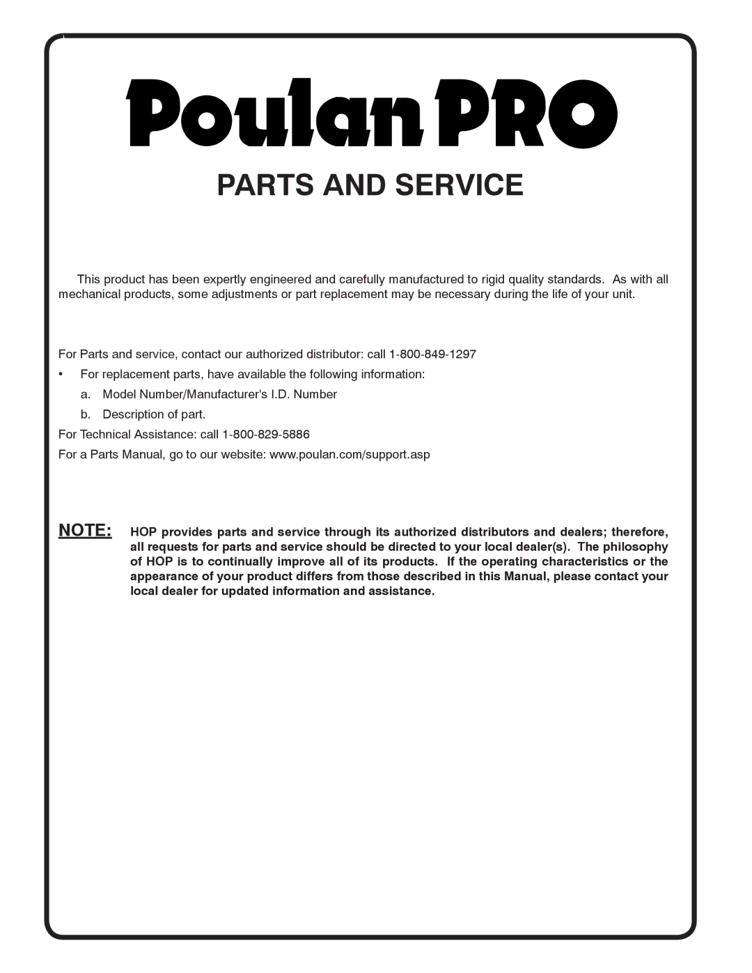 Poulan XT18542LT manual Parts and Service 