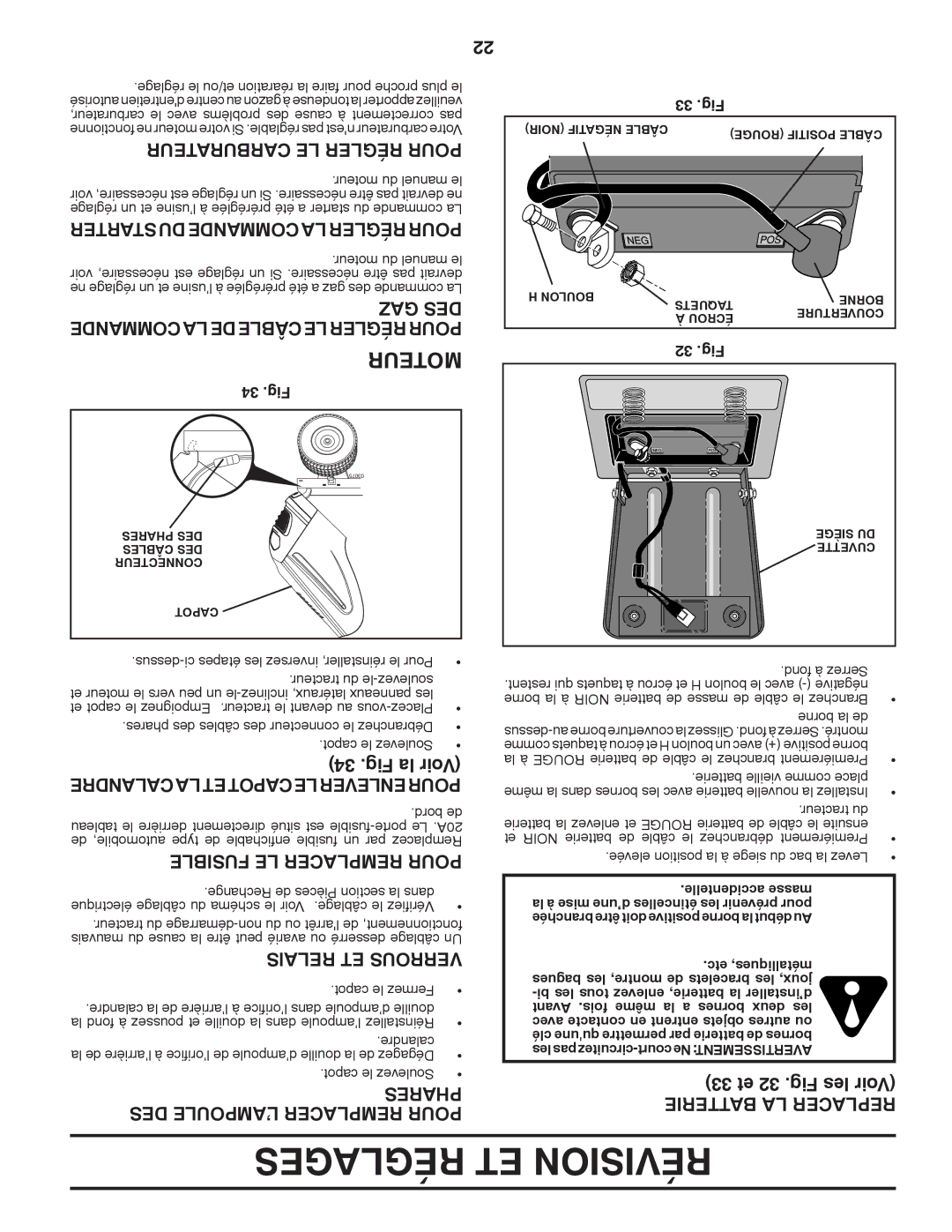 Poulan XT18542LT manual Réglages ET Révision, Moteur, Carburateur LE Régler Pour, Gaz Des, Calandrelaetcapotleenleverpour 