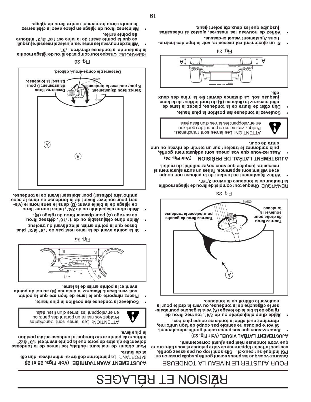 Poulan XT18542LT manual Tondeuse LA Niveau LE Ajuster Pour, 26 .Fig, 25 .Fig, 24 .Fig, 23 .Fig 