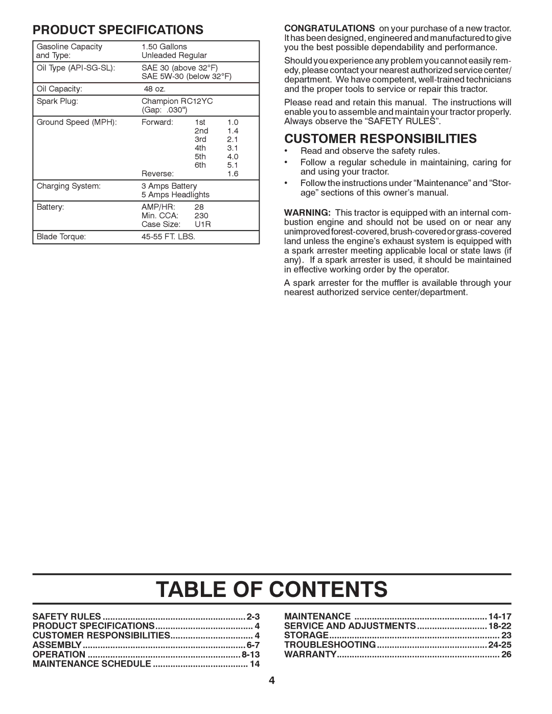 Poulan XT18542LT manual Table of Contents 