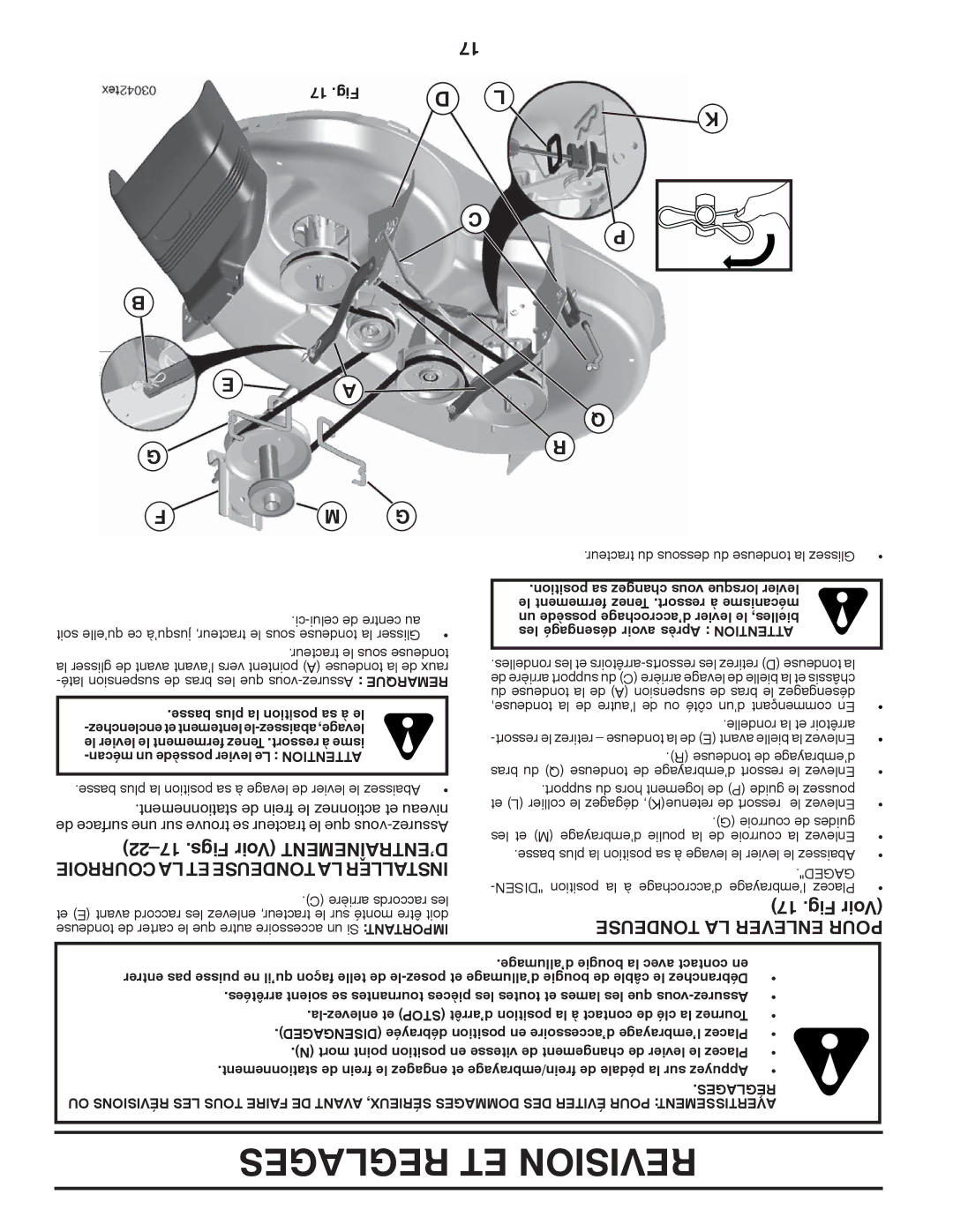 Poulan XT18542LT Reglages ET Revision, Fig Voir, Courroie LA ET Tondeuse LA Installer, Tondeuse LA Enlever Pour, 17 .Fig 