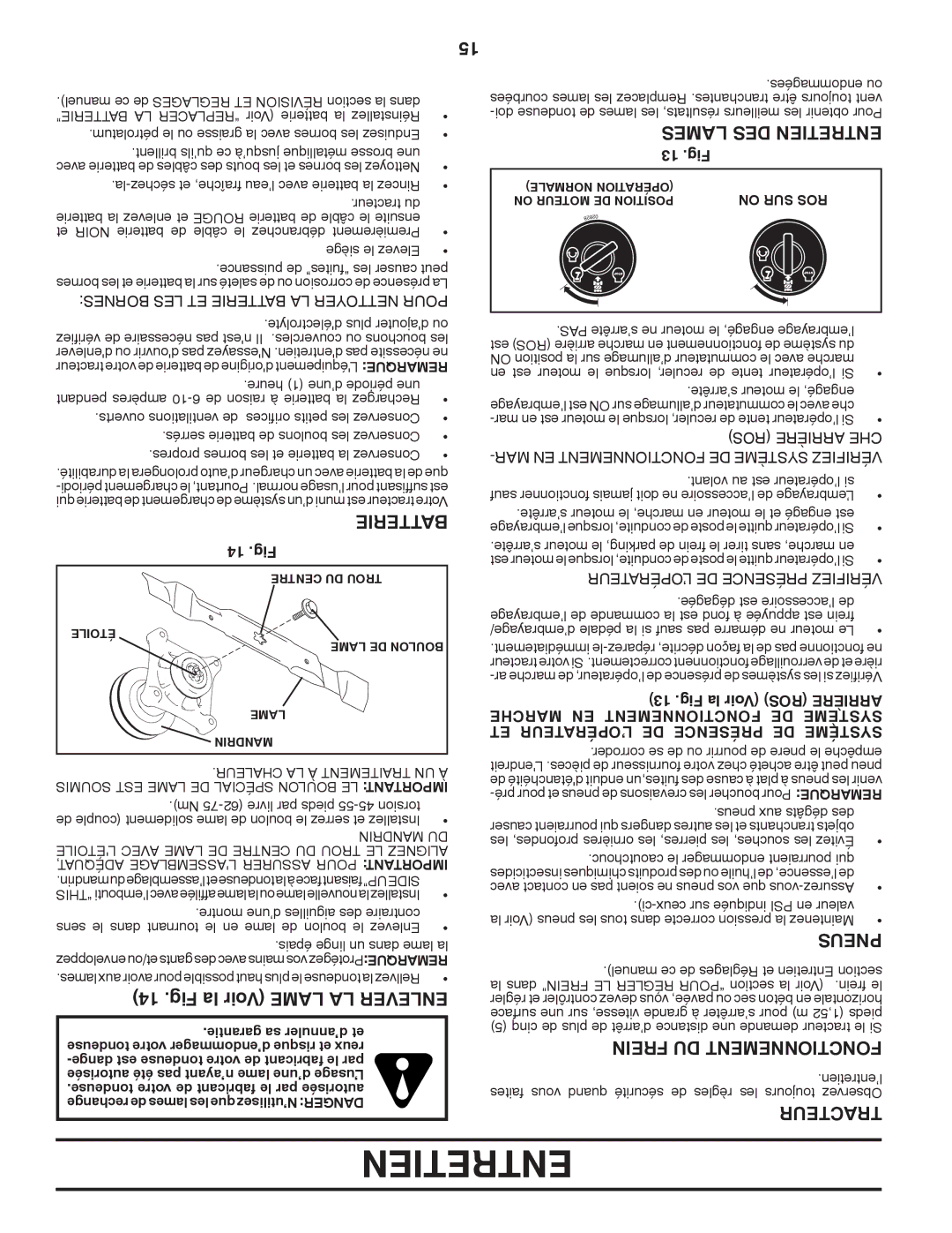 Poulan XT18542LT manual Fig la Voir Lame LA Enlever, Lames DES Entretien, Pneus, Frein DU Fonctionnement 