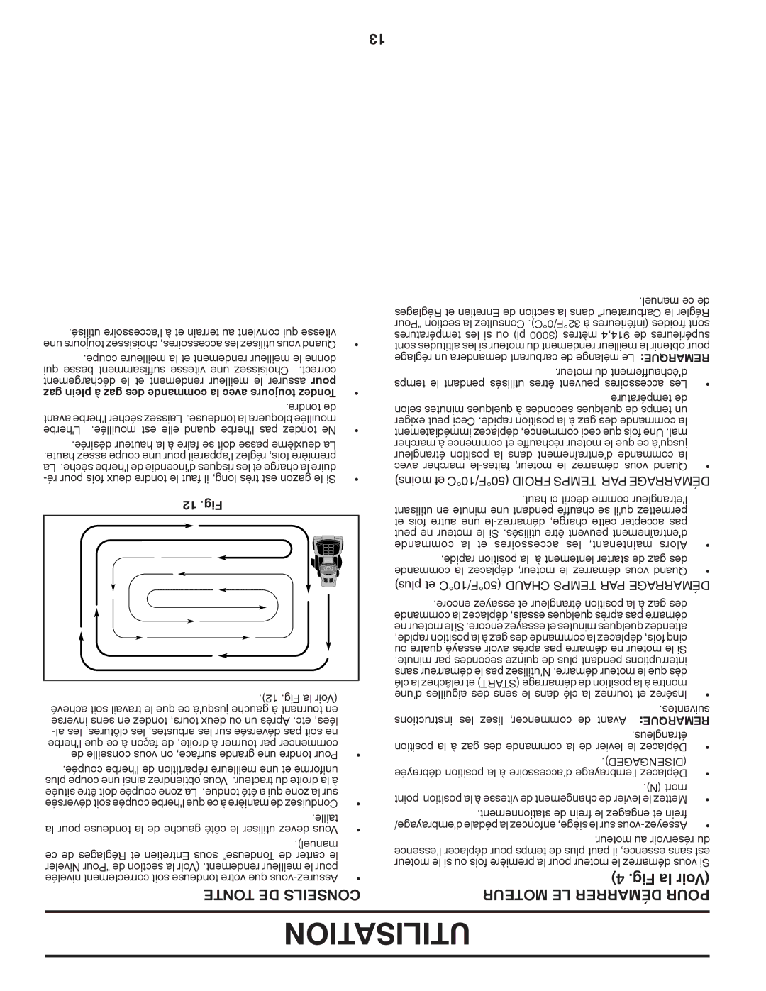 Poulan XT18542LT manual Utilisation, Tonte DE Conseils, Moteur LE Démarrer Pour, 12 .Fig, Disengaged 