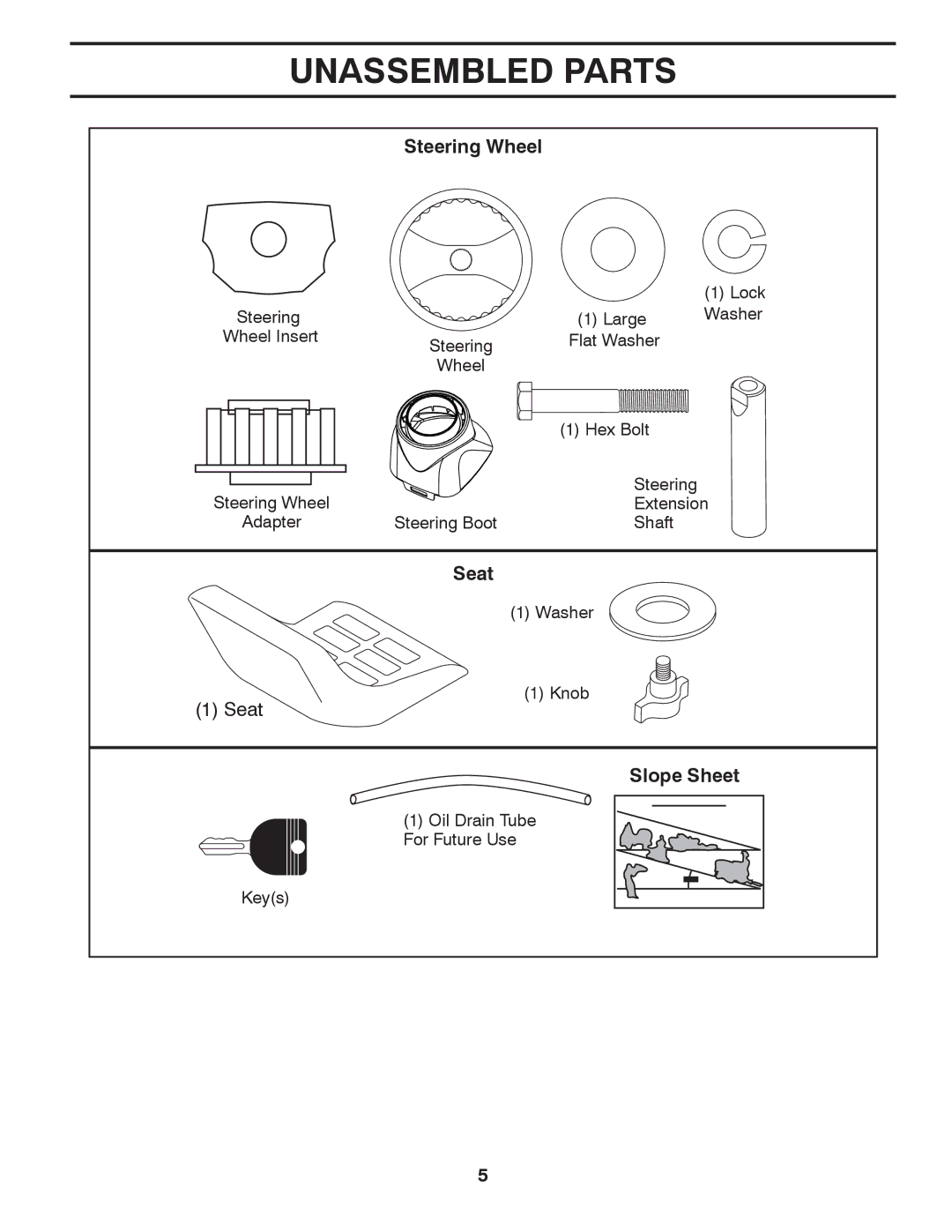 Poulan XT18542LT manual Unassembled Parts, Steering Wheel, Seat, Slope Sheet 