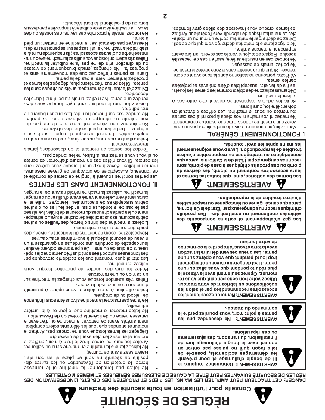 Poulan XT18542LT manual Avertissement, Tracteurs des sécurité toute en l’utilisation pour Conseils, Général Fonctionnement 