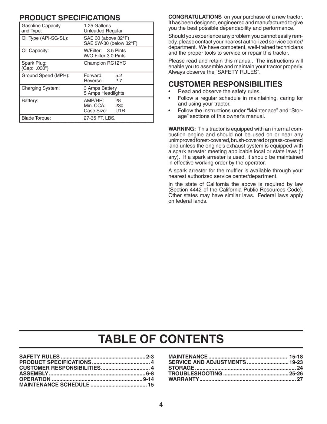 Poulan XT185H42LT manual Table of Contents 