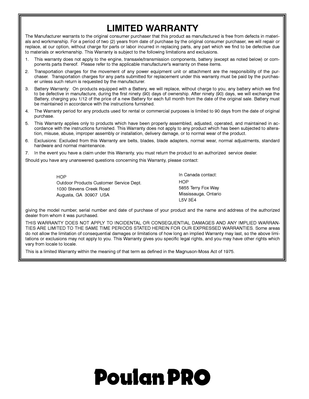 Poulan XT195H42LT manual Hop, Canada contact, Outdoor Products Customer Service Dept, L5V 3E4 