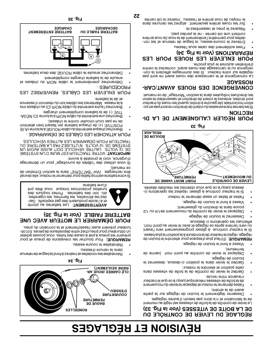 Poulan XT195H42LT manual Fig la Voir Tionsraparé LES Pour Roues LES Enlever Pour, Rossage -AVANT/CAR Roues DES Convergence 