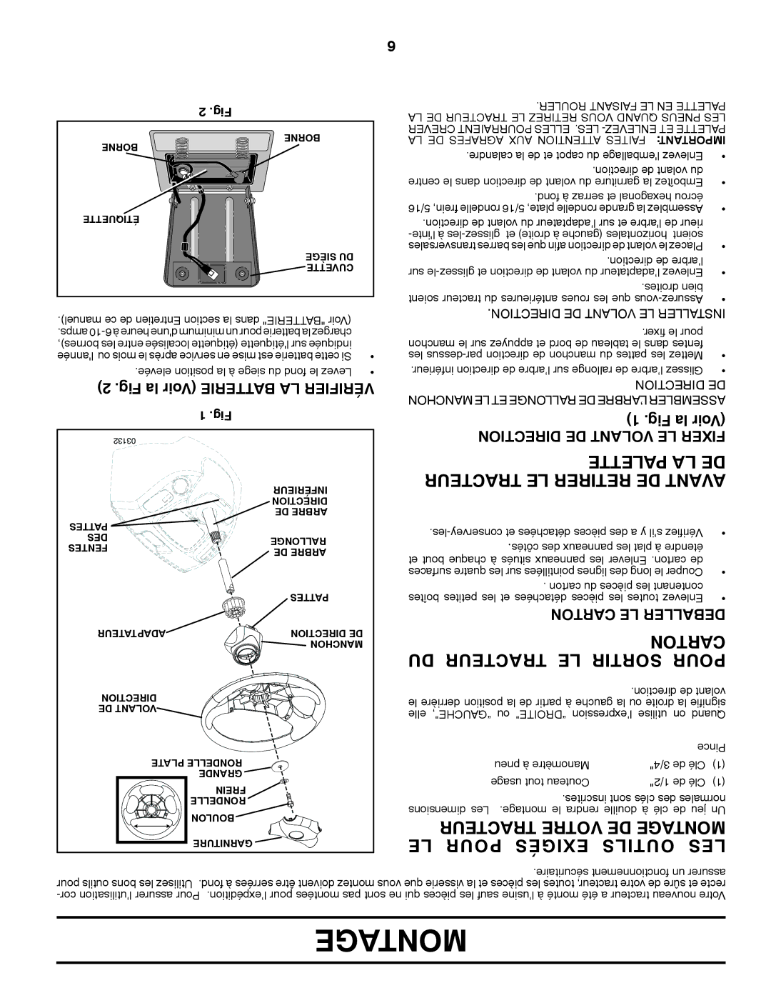 Poulan XT195H42LT manual DU Tracteur LE Sortir Pour, LE Pour Exigés Outils LES, Fig la Voir Batterie LA Vérifier 