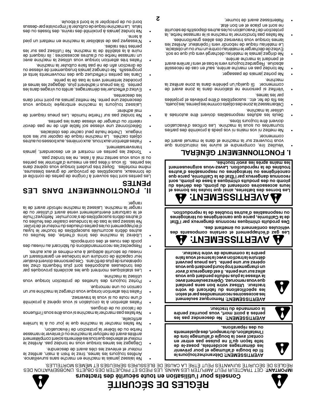 Poulan XT195H42LT manual Pentes, LES Dans Fonctionnement, Tracteurs des sécurité toute en l’utilisation pour Conseils 