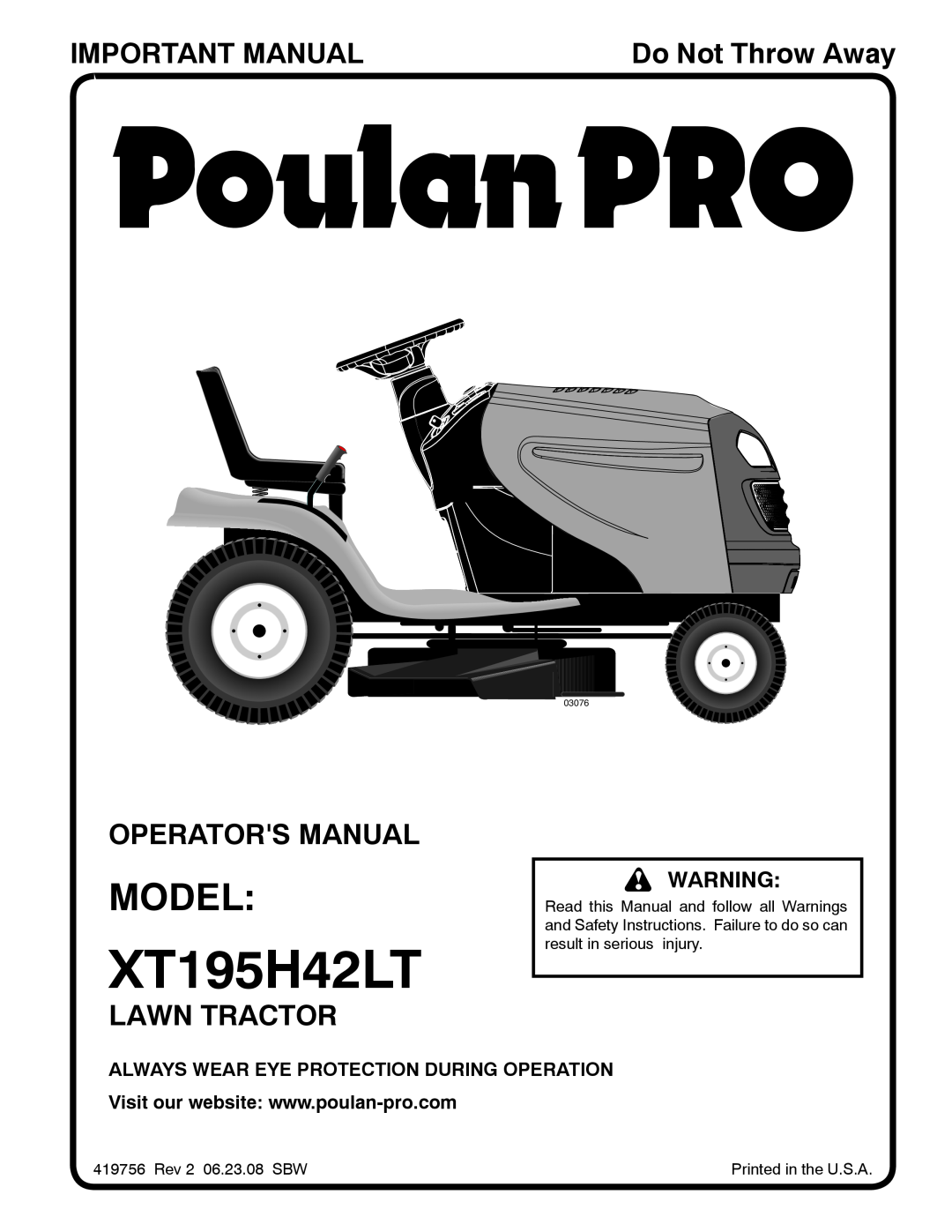 Poulan XT195H42LT manual Model, Important Manual, Operators Manual, Lawn Tractor, Do Not Throw Away, 03076 
