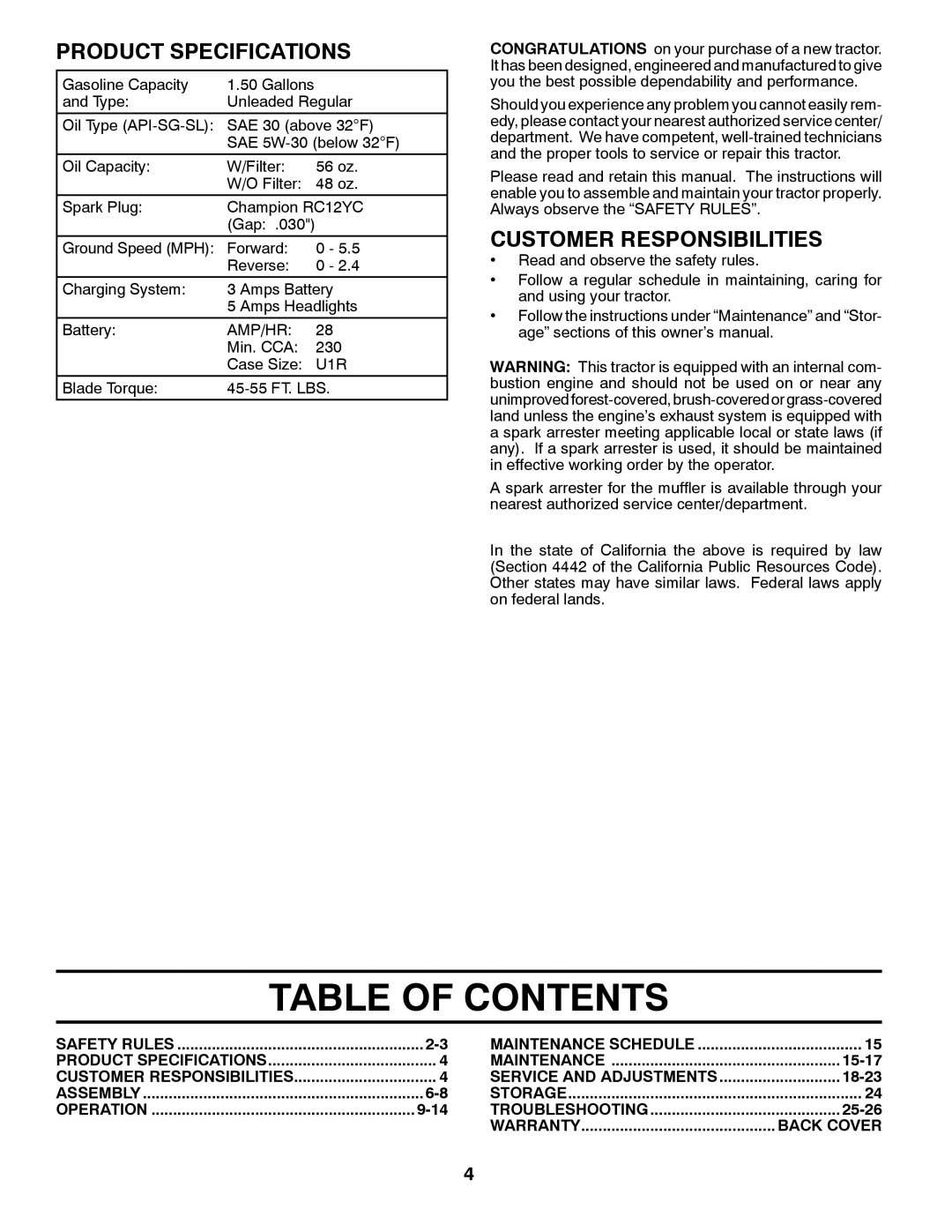 Poulan XT195H42LT manual Table Of Contents, Product Specifications, Customer Responsibilities, 9-14, 15-17, 18-23, 25-26 