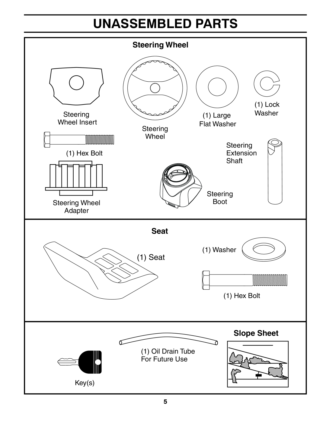 Poulan XT195H42LT manual Unassembled Parts, Steering Wheel, Seat, Slope Sheet 