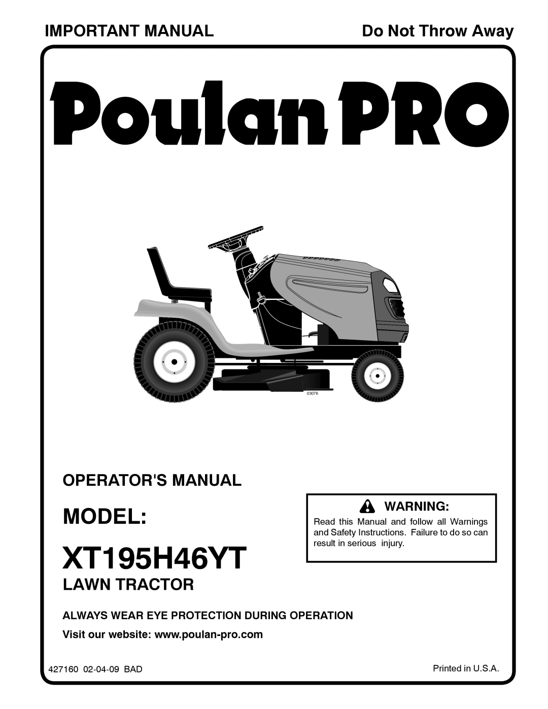 Poulan XT195H46YT manual Model 