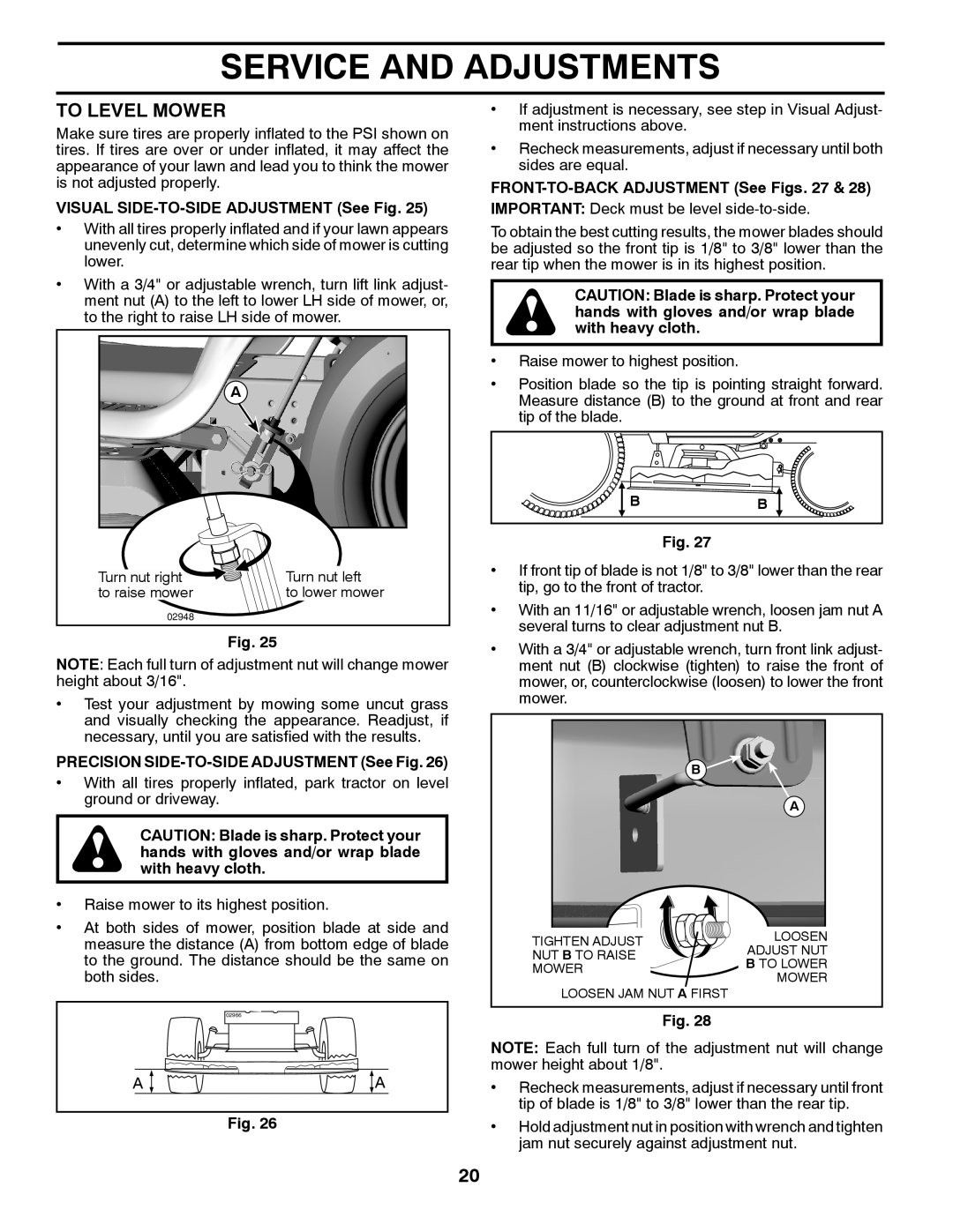 Poulan XT195H46YT manual To Level Mower, Visual SIDE-TO-SIDE Adjustment See Fig, Precision SIDE-TO-SIDE Adjustment See Fig 