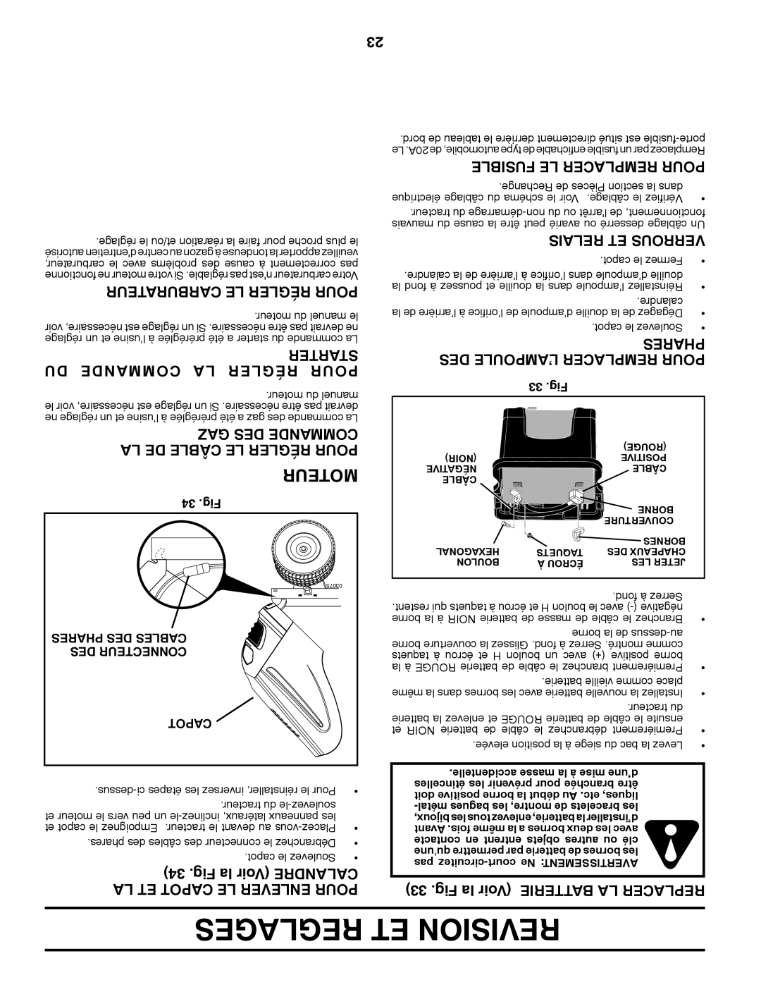 Poulan XT195H46YT manual Reglages ET Revision, Carburateur LE Régler Pour, Starter DU Commande LA Régler Pour 