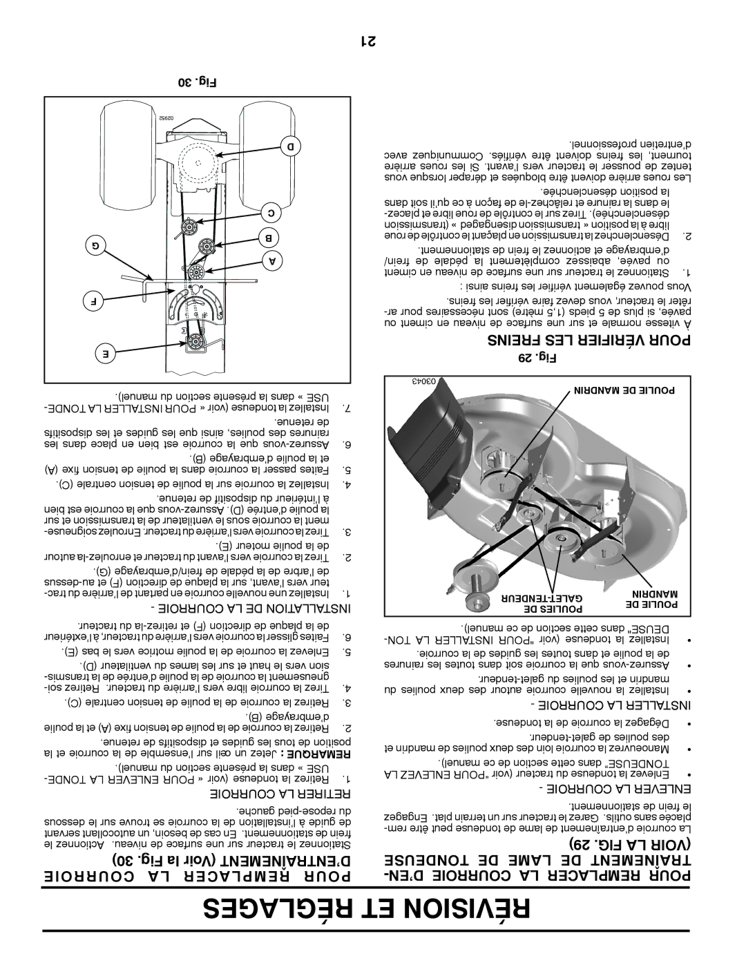 Poulan XT195H46YT manual Réglages ET Révision, Fig la Voir D’ENTRAÎNEMENT Courroie a L Acer Rempl Pour, FIG LA Voir 