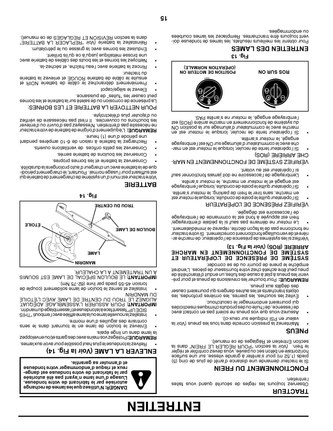 Poulan XT195H46YT manual Fig la Voir Lame LA Enlever, Lames DES Entretien, Pneus, Frein DU Fonctionnement, Tracteur 