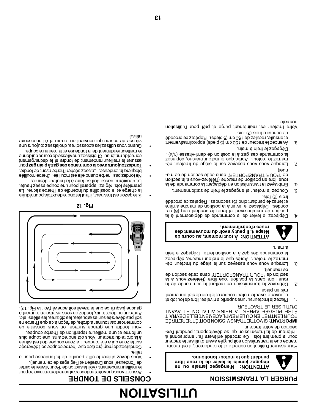 Poulan XT195H46YT manual Utilisation, Tondre DE Conseils, Transmission LA Purger, 12 .Fig 