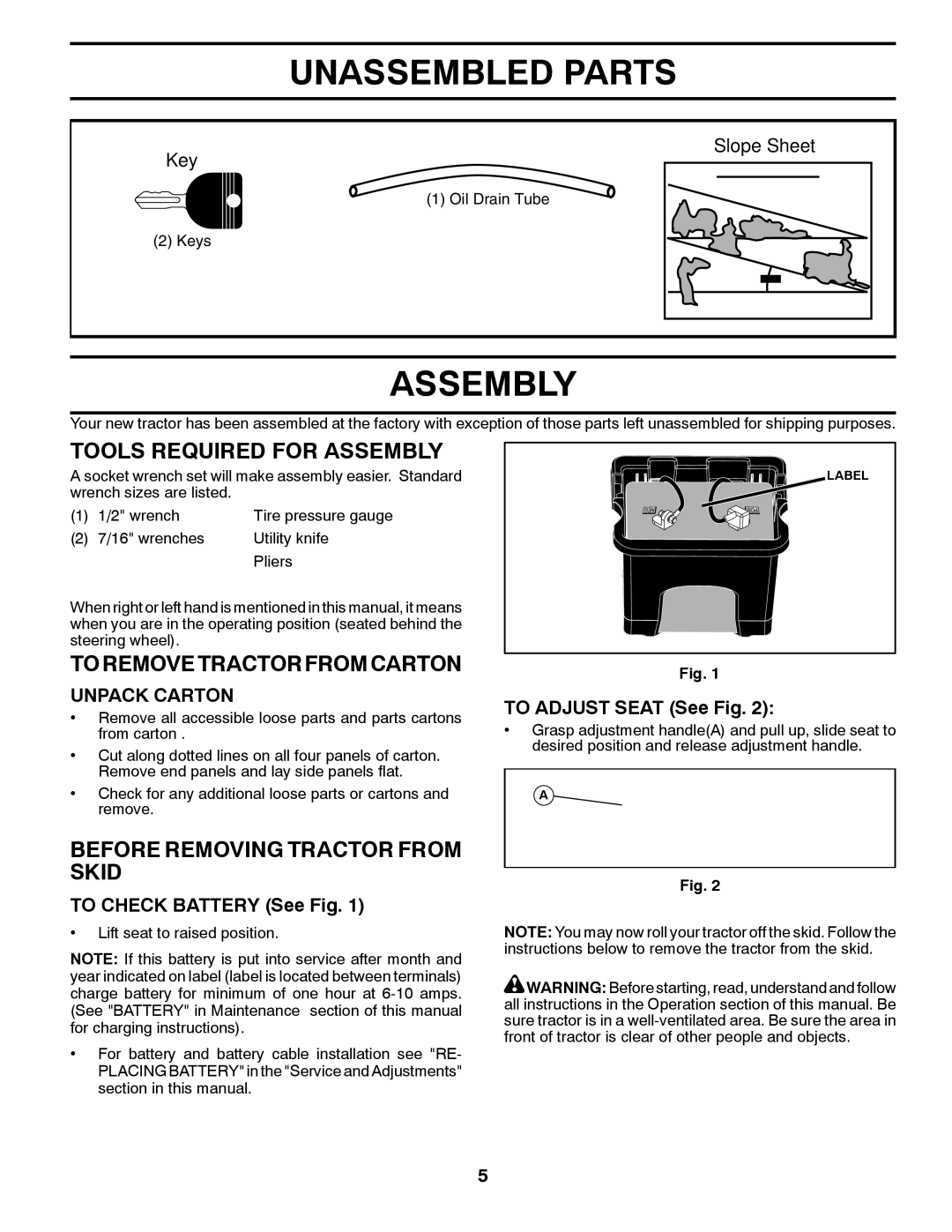 Poulan XT195H46YT manual Unassembled Parts, Tools Required for Assembly, To Remove Tractor from Carton 