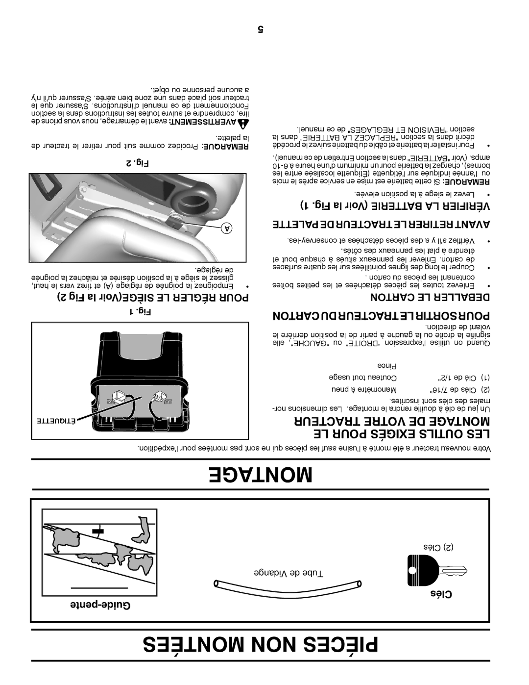 Poulan XT195H46YT manual Montées NON Piéces, Tracteur Votre DE Getamon, LE Pour Exigés Outils LES, Clés pente-Guide 