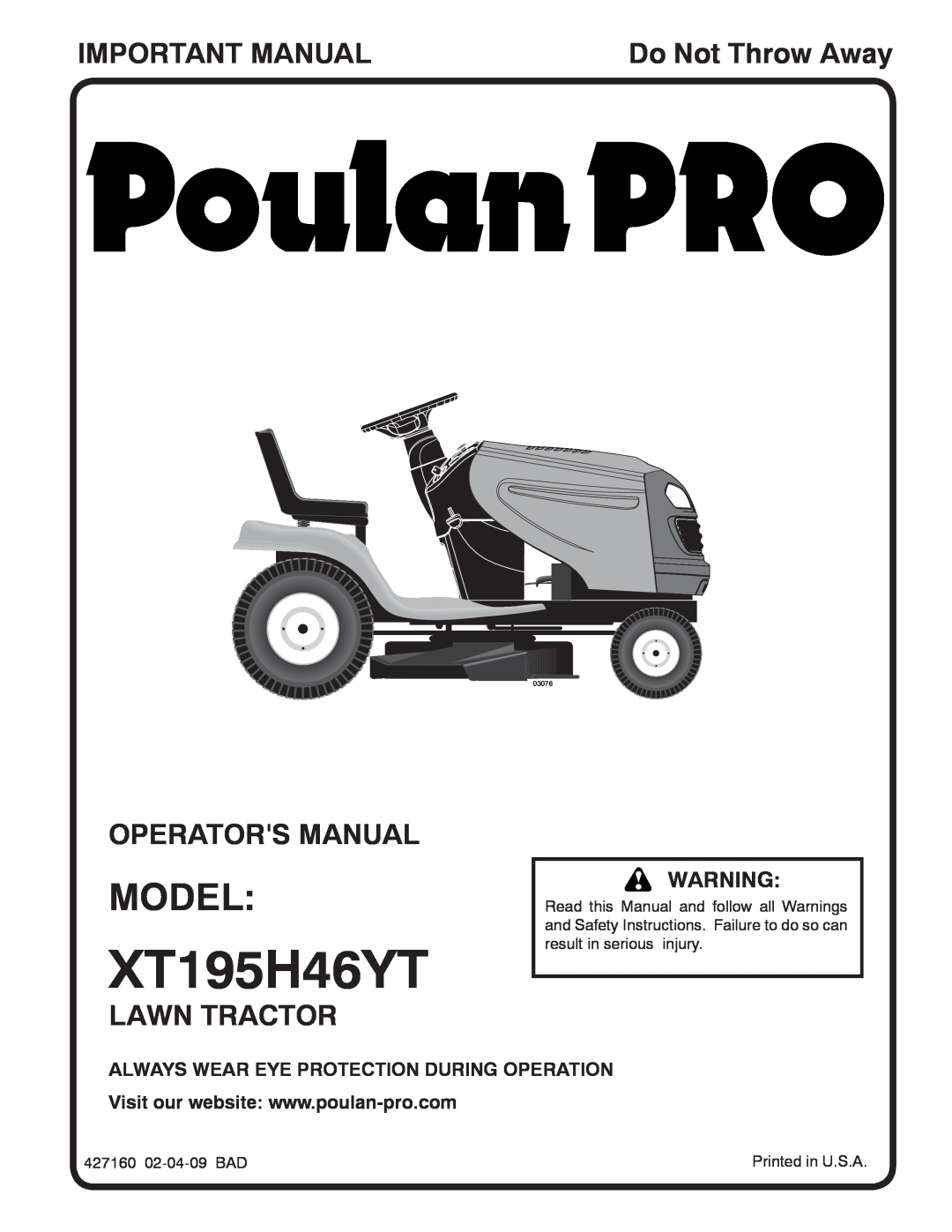 Poulan XT195H46YT manual Model, Important Manual, Operators Manual, Lawn Tractor, Do Not Throw Away, 03076 