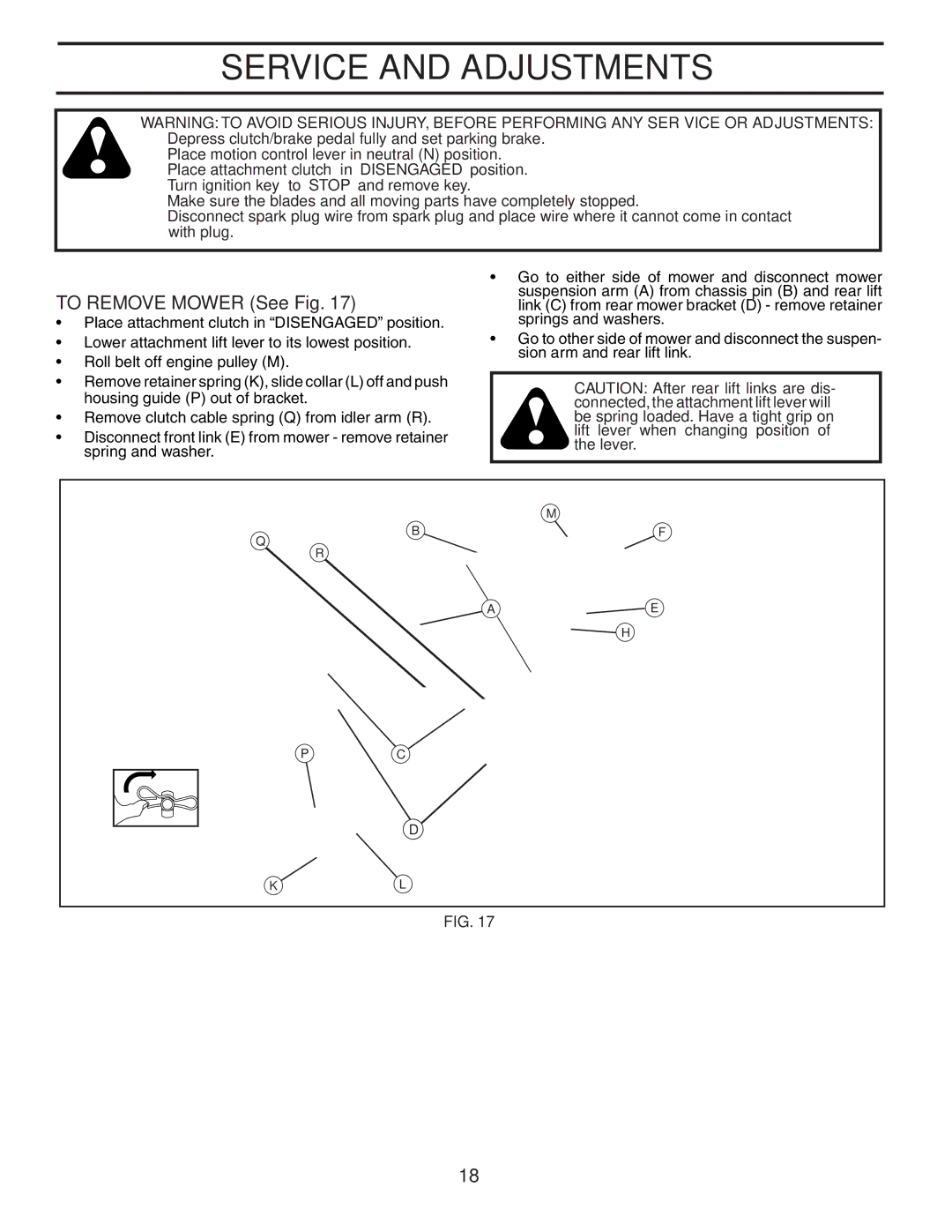 Poulan XT19H42YT manual Service and Adjustments, To Remove Mower See Fig 