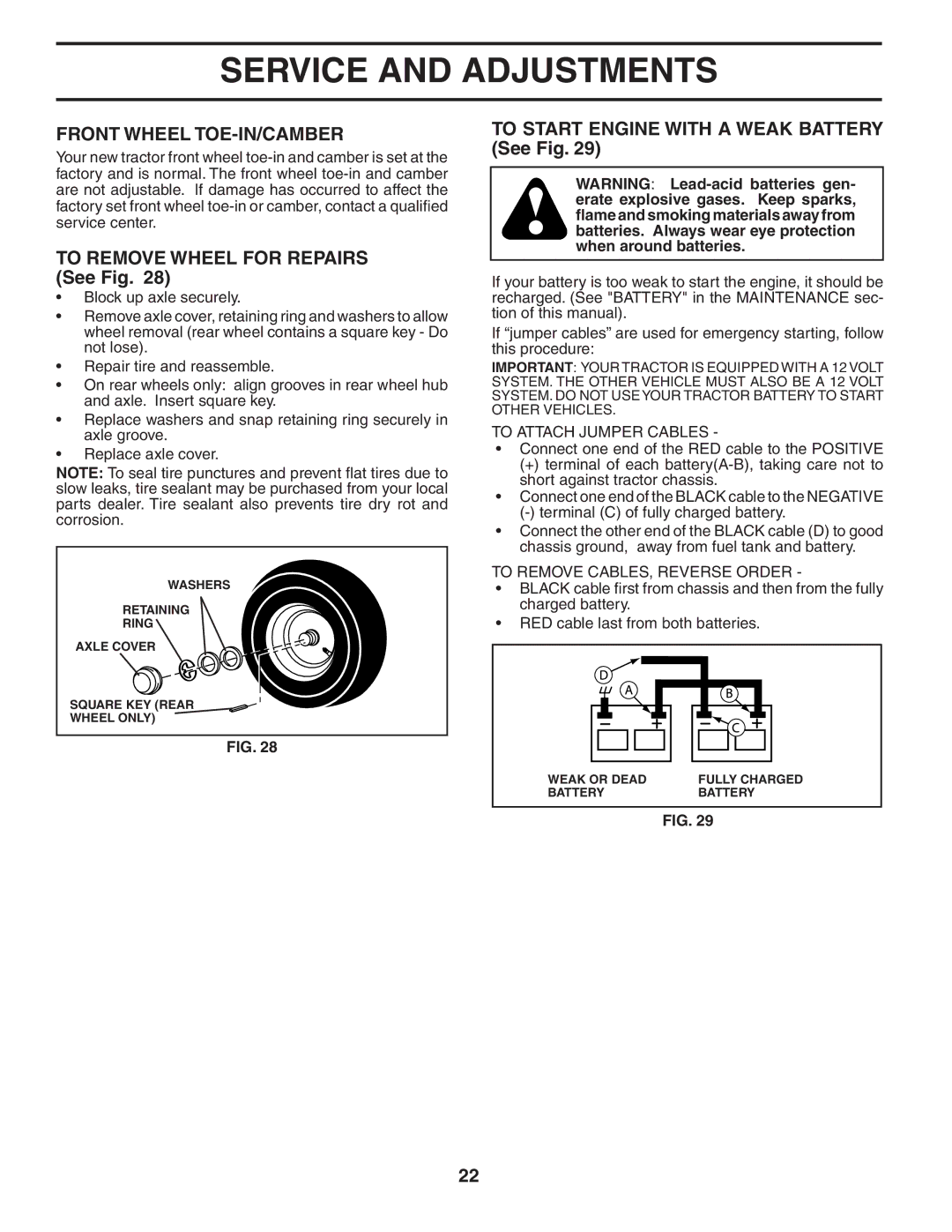 Poulan XT19H42YT manual Front Wheel TOE-IN/CAMBER, To Remove Wheel for Repairs See Fig, To Attach Jumper Cables 