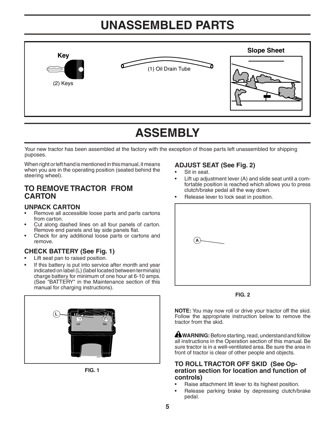 Poulan XT19H42YT manual Unassembled Parts, Assembly, To Remove Tractor from Carton, Unpack Carton 