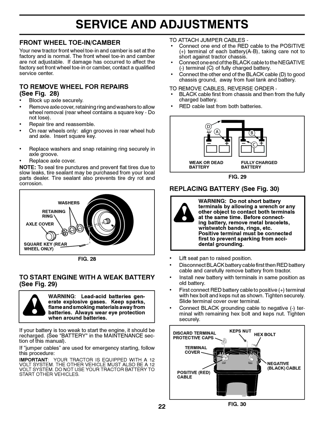 Poulan XT20H46YT manual Front Wheel TOE-IN/CAMBER, To Remove Wheel for Repairs See Fig, Replacing Battery See Fig 