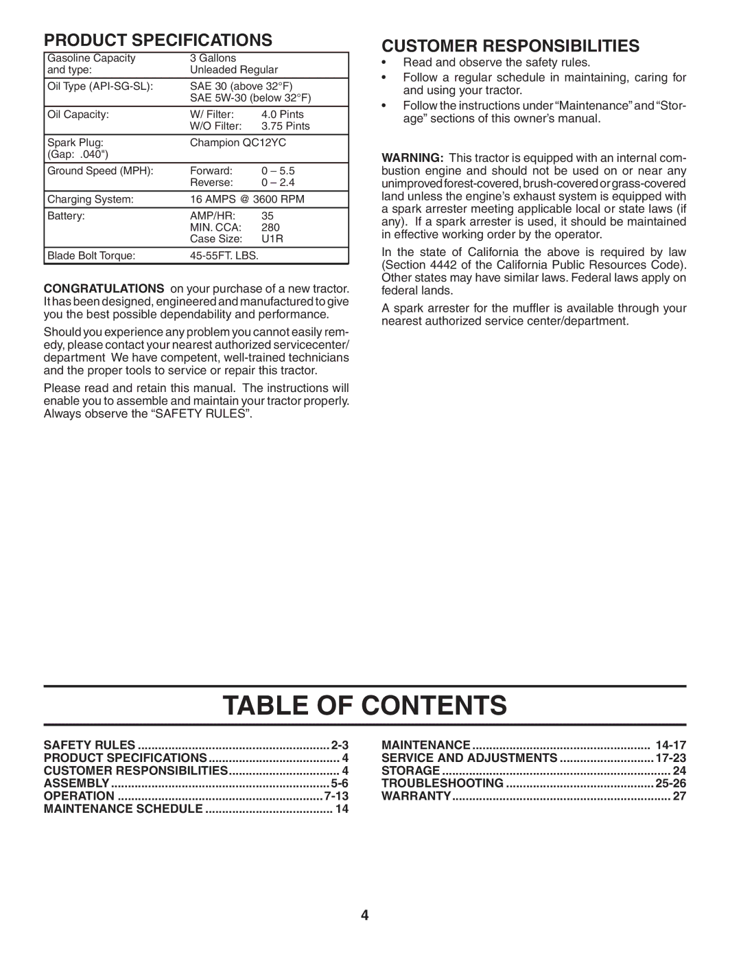 Poulan XT22H48YT manual Table of Contents 