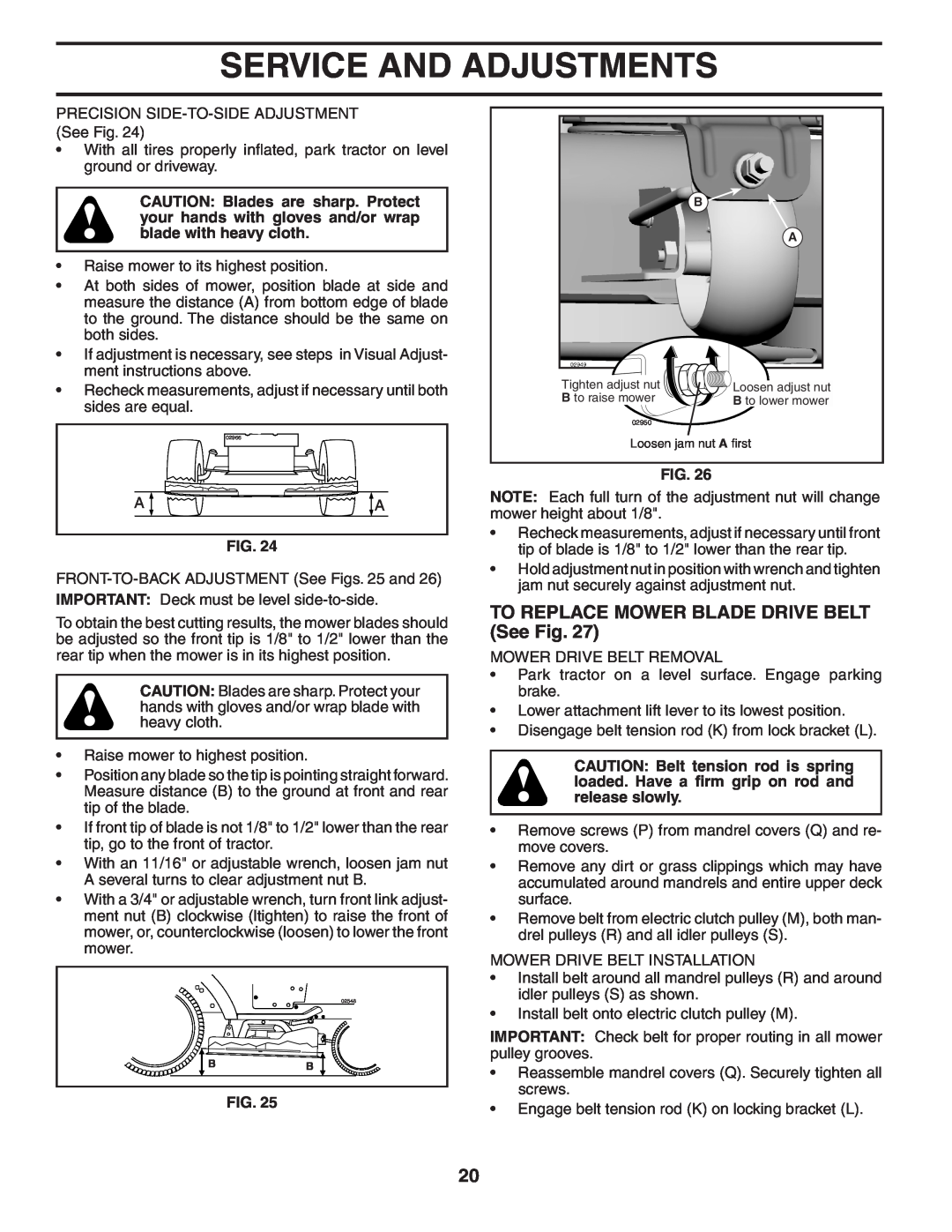 Poulan XT22H48YT manual TO REPLACE MOWER BLADE DRIVE BELT See Fig, Service And Adjustments 