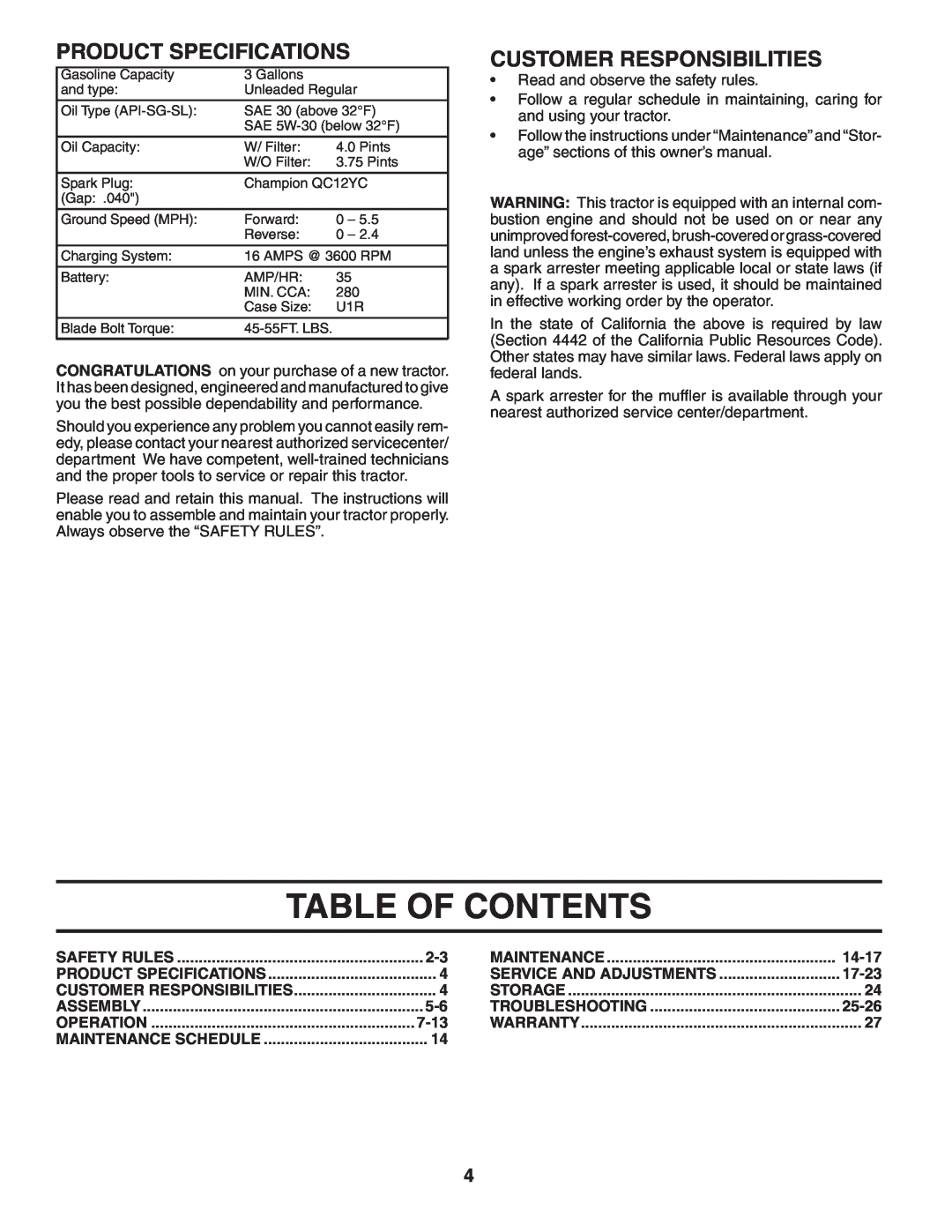 Poulan XT22H48YT manual Table Of Contents, Product Specifications, Customer Responsibilities, 7-13, 14-17, 17-23, 25-26 