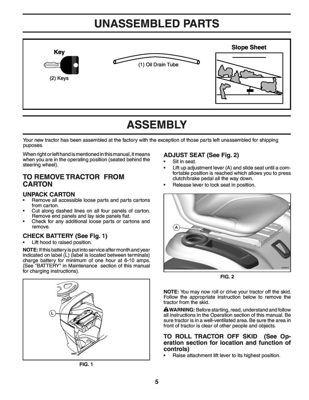 Poulan XT22H48YT manual Unassembled Parts, Assembly, To Remove Tractor From Carton, Slope Sheet Key, Unpack Carton 