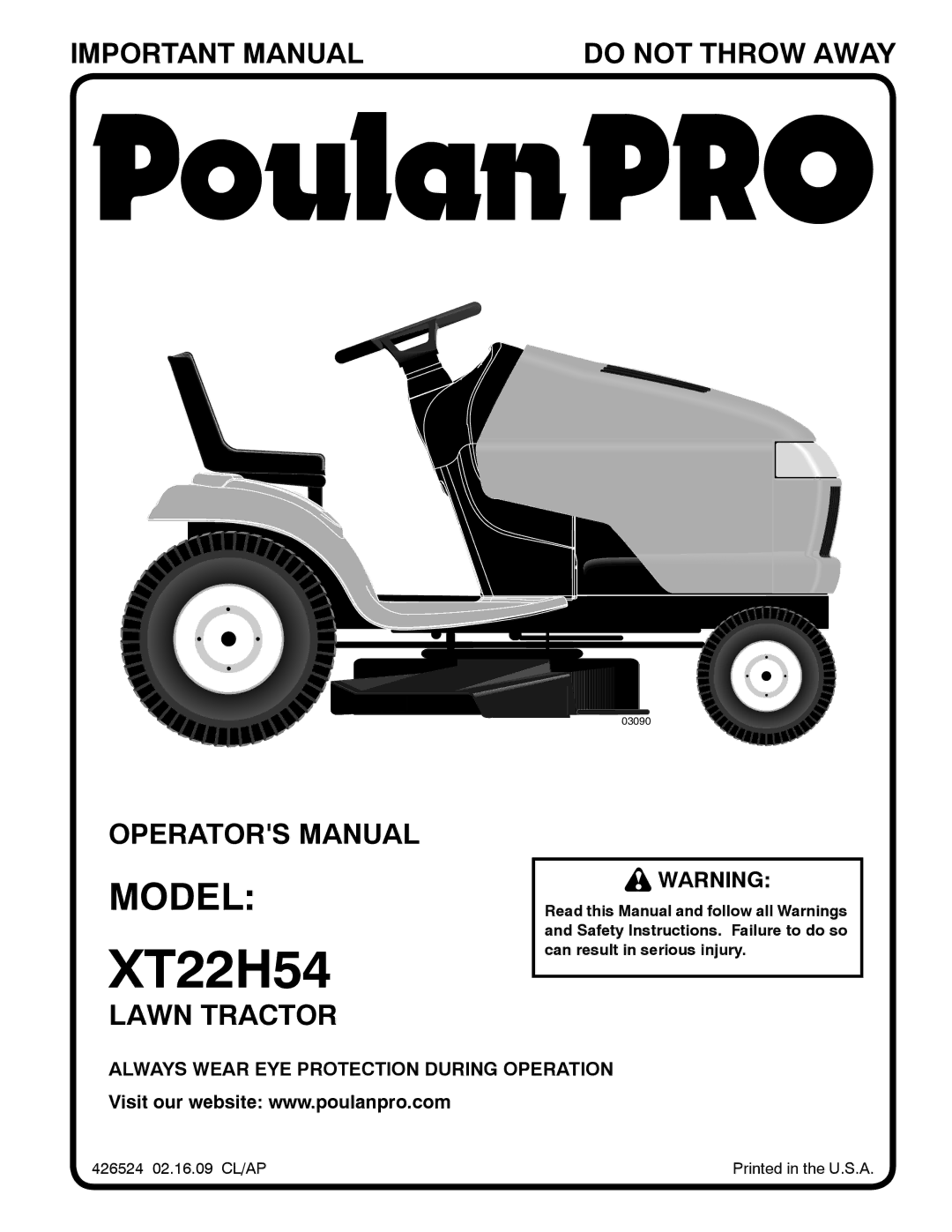 Poulan XT22H54 manual Model 