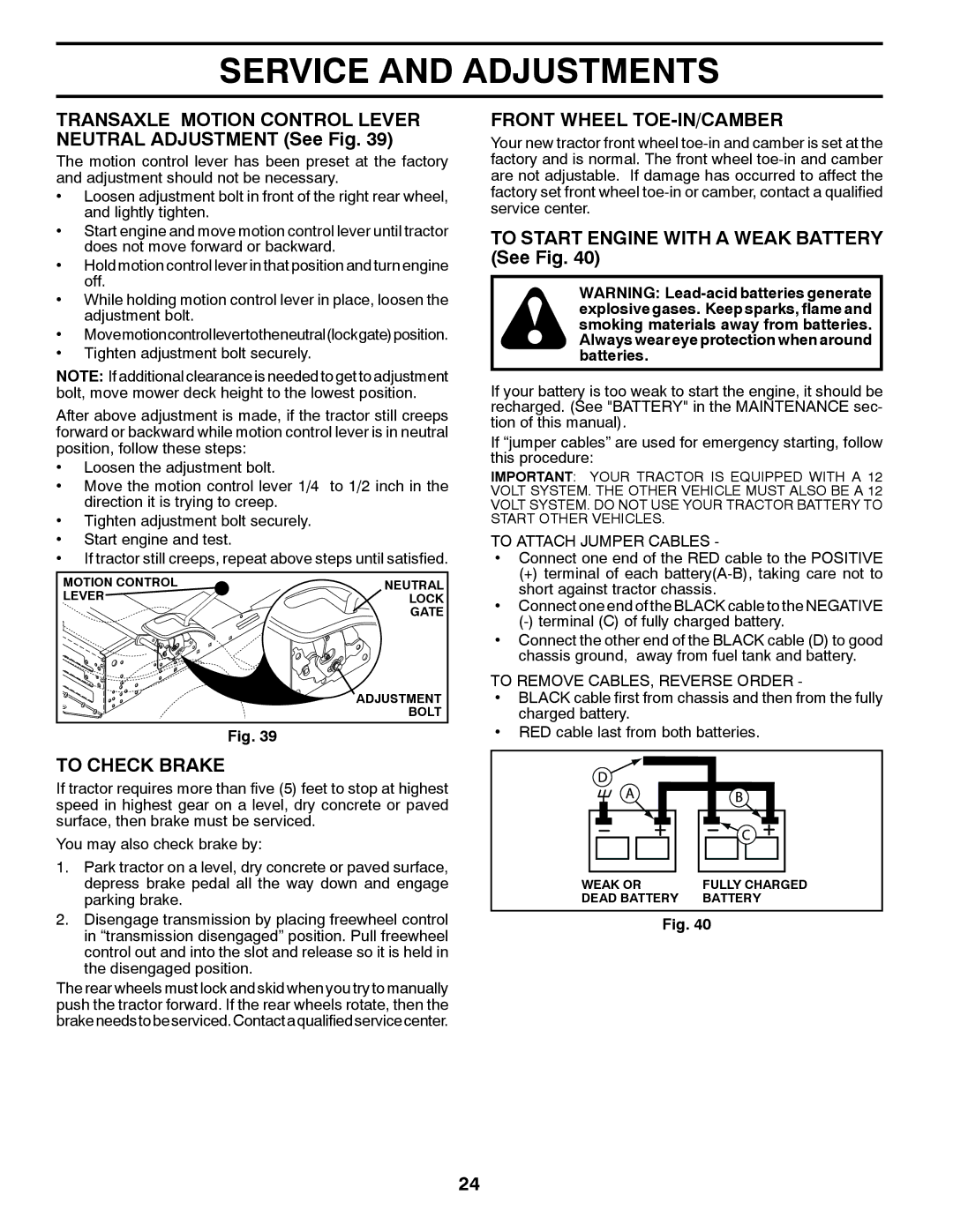 Poulan XT22H54 manual Transaxle Motion Control Lever Neutral Adjustment See Fig, To Check Brake, Front Wheel TOE-IN/CAMBER 