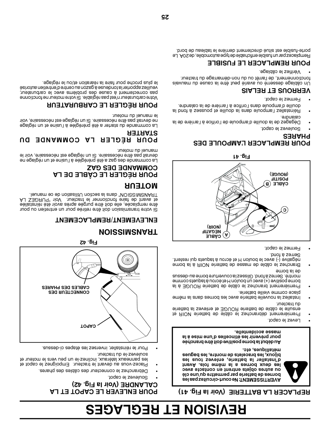 Poulan XT22H54 manual Reglages ET Revision, Moteur, Carburateur LE Régler Pour, Starter DU Commande LA Régler Pour 