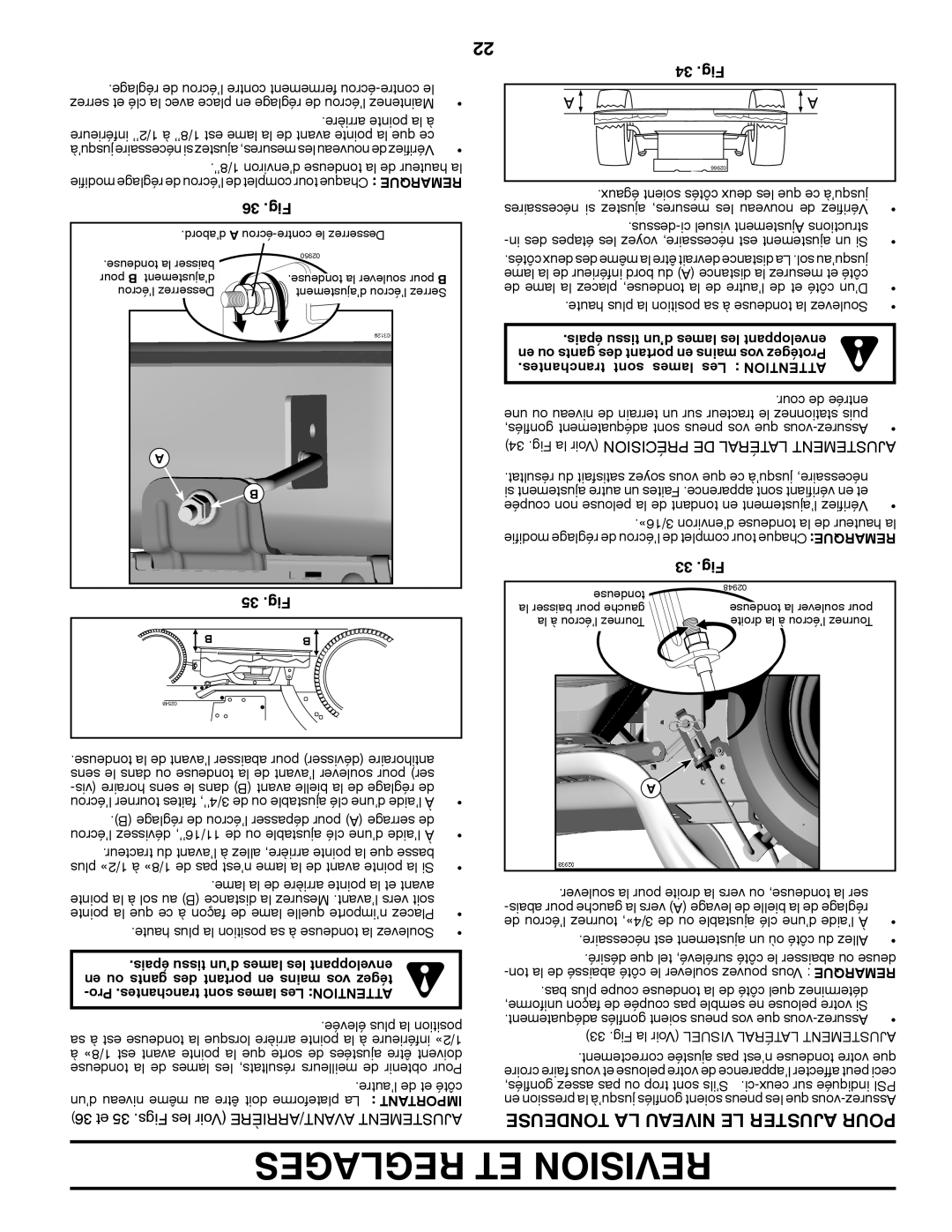 Poulan XT22H54 manual Tondeuse LA Niveau LE Ajuster Pour, 36 .Fig, 35 .Fig, 34 .Fig, 33 .Fig 