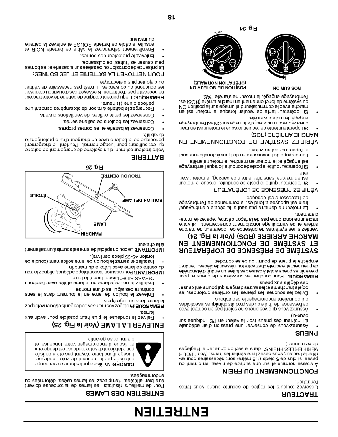 Poulan XT22H54 manual Fig la Voir Lame LA Enlever, Lames DES Entretien, Pneus, Frein DU Fonctionnement, Tracteur 