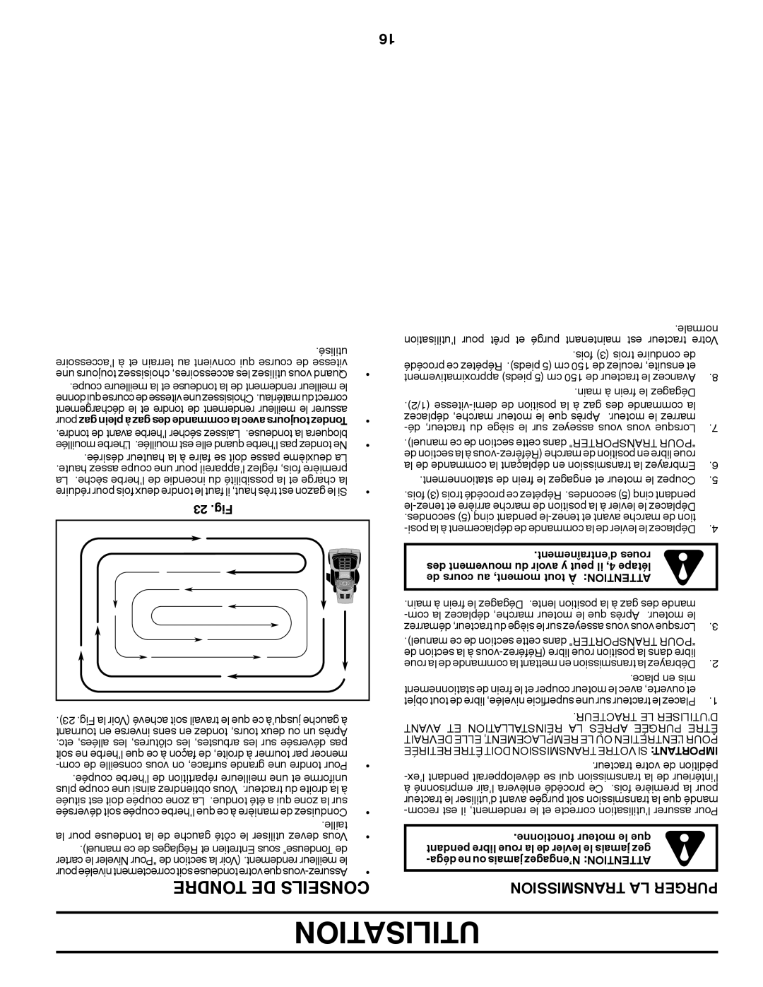 Poulan XT22H54 manual Utilisation, Transmission LA Purger, 23 .Fig, Tracteur LE D’UTILISER 