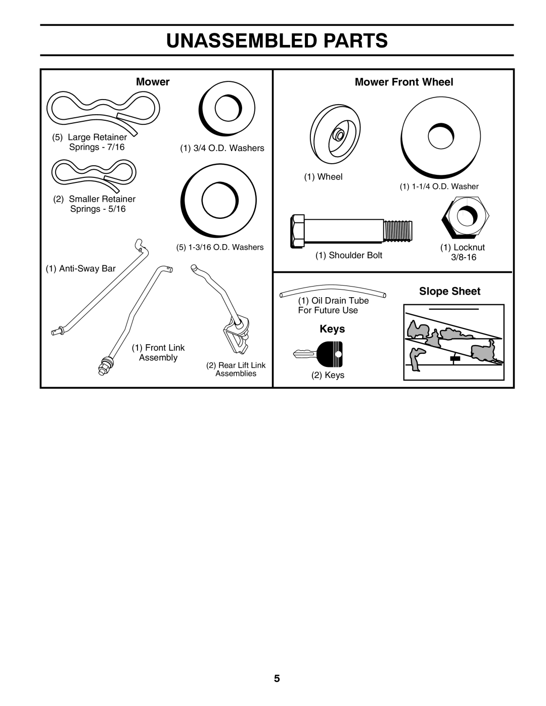 Poulan XT22H54 manual Unassembled Parts, Mower Mower Front Wheel, Slope Sheet, Keys 