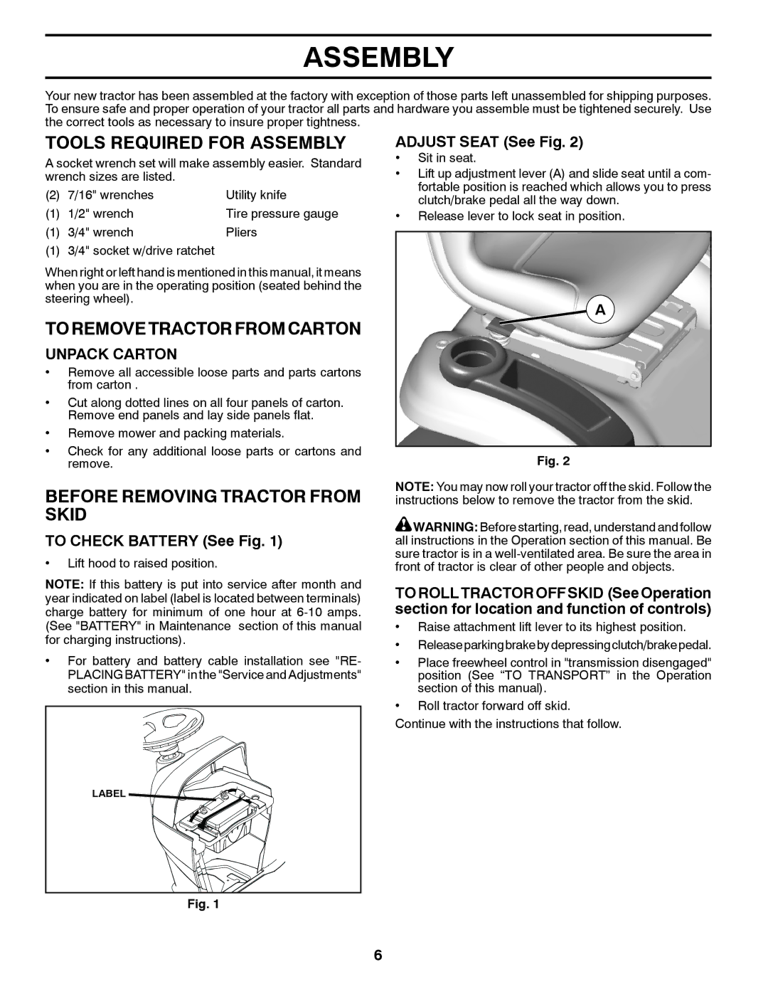 Poulan XT22H54 manual Tools Required for Assembly, To Remove Tractor from Carton, Before Removing Tractor from Skid 