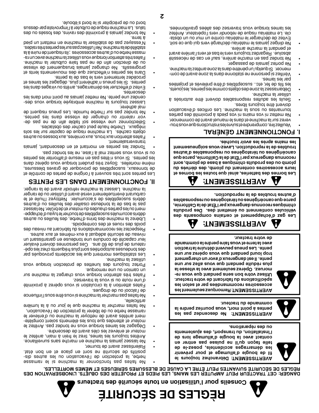 Poulan XT22H54 Avertissement, Tracteurs des sécurité toute en l’utilisation pour Conseils, Pentes LES Dans Fonctionnement 