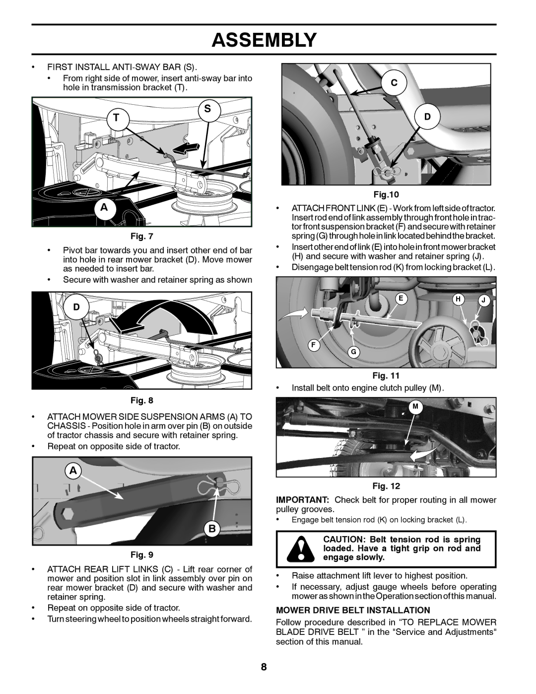 Poulan XT22H54 manual First Install ANTI-SWAY BAR S, Mower Drive Belt Installation 