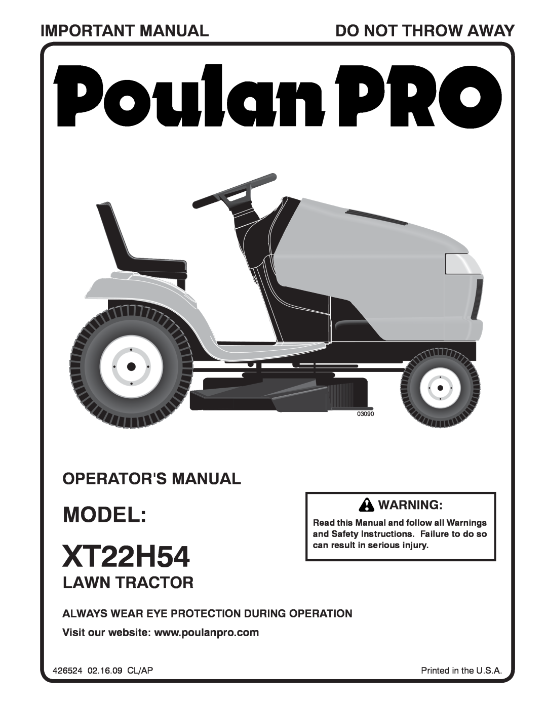 Poulan XT22H54 manual Model, Important Manual, Do Not Throw Away, Operators Manual, Lawn Tractor, 03090 