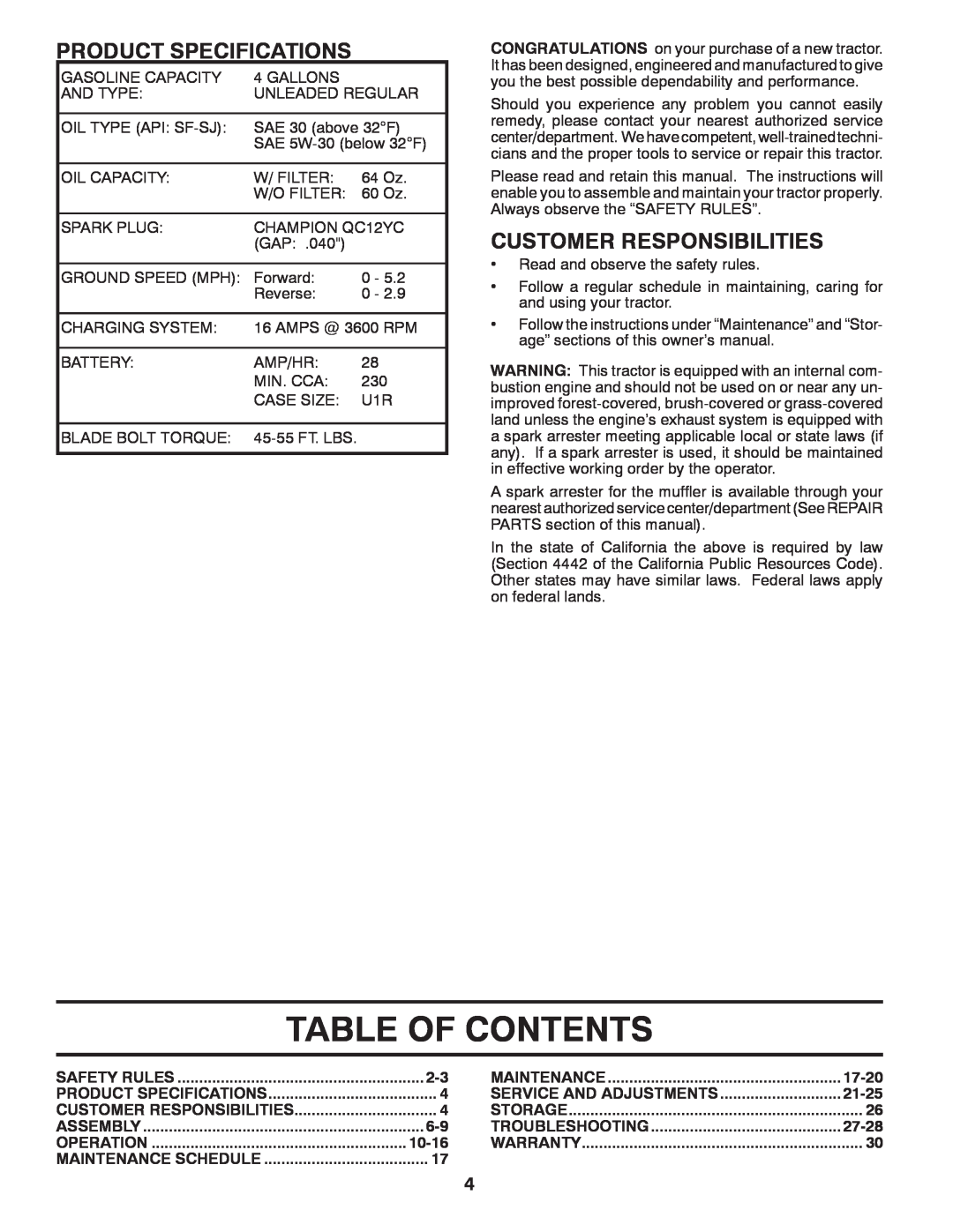 Poulan XT22H54 manual Table Of Contents, Product Specifications, Customer Responsibilities 