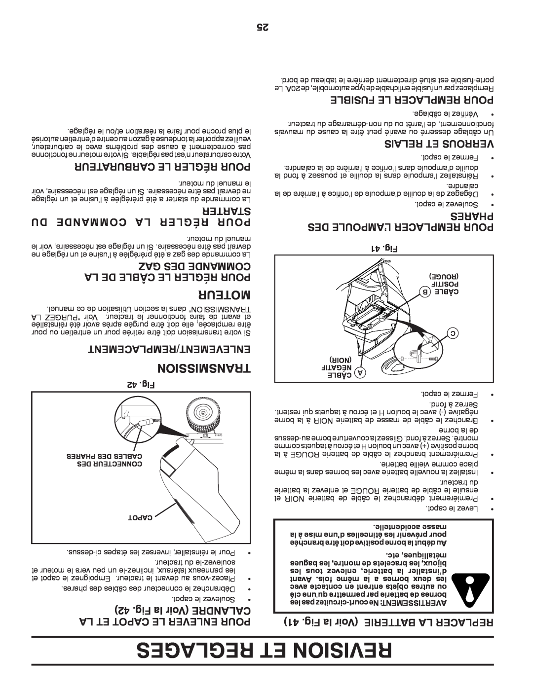 Poulan XT22H54 manual Reglages Et Revision, Moteur, Carburateur Le Régler Pour, Starter Du Commande La Régler Pour, Phares 