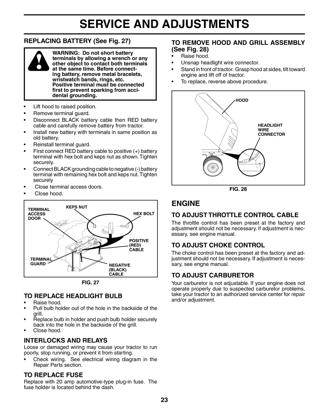 Poulan XT24H42LT To Adjust Throttle Control Cable, To Adjust Choke Control, To Adjust Carburetor To Replace Headlight Bulb 