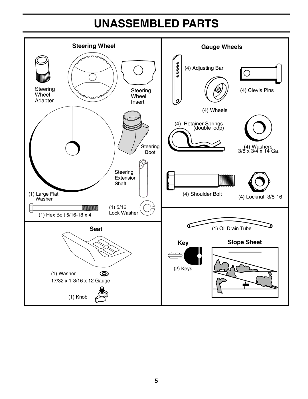 Poulan XT24H42LT manual Unassembled Parts, Steering Wheel Gauge Wheels, Seat, Key Slope Sheet 