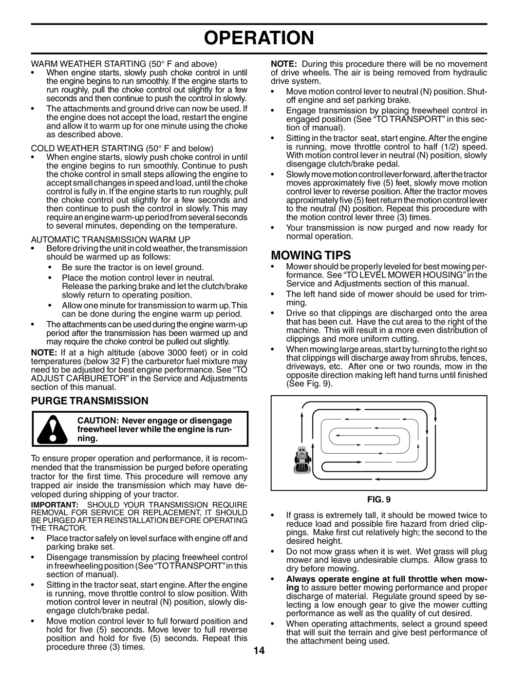 Poulan XT24H42YT manual Mowing Tips, Purge Transmission, Automatic Transmission Warm UP 